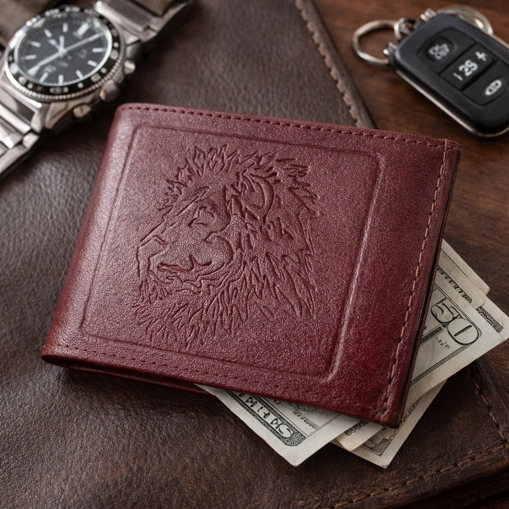 Men's Red Leather Wallet with Lion Embossed‎ Design Bi-Fold ID Holder